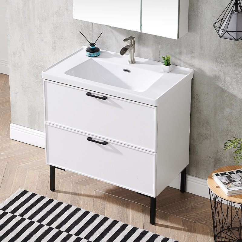 Ebern Designs Mario 32" Modern Matte White Free-standing Single Bathroom Cabinet Set | Wayfair